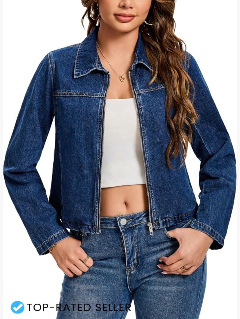 Women's Denim Jacket Lightweight Bomber Zip Up Cropped Long Sleeve Classic